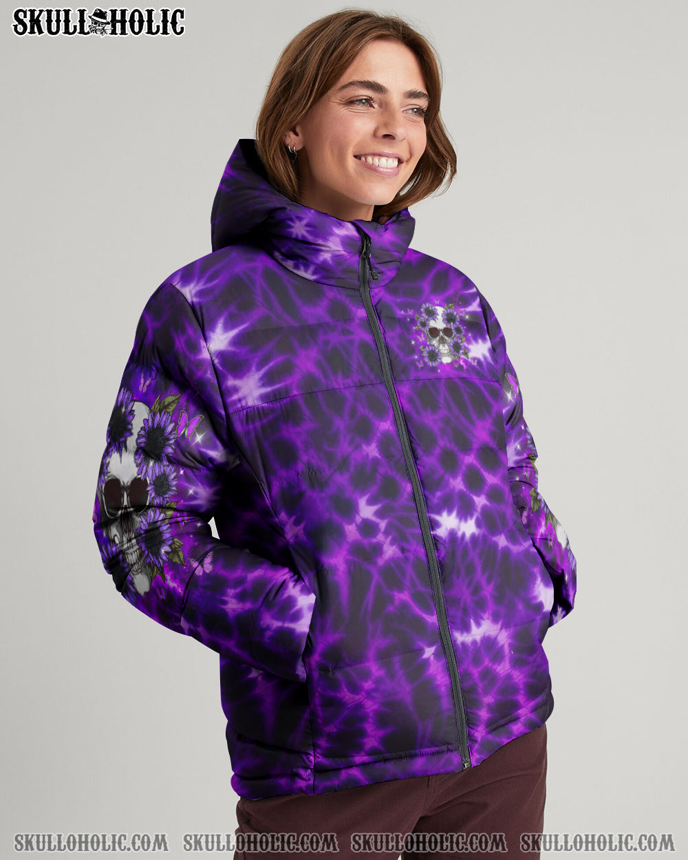 BLISSCORNERS DON'T TRY TO FIGURE ME OUT SKULL FLOWER TIE DYE PUFFER JACKET
