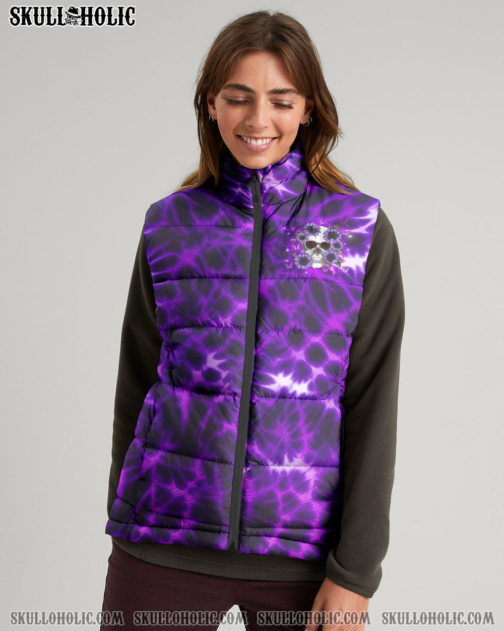BLISSCORNERS DON'T TRY TO FIGURE ME OUT SKULL FLOWER TIE DYE PUFFER JACKET