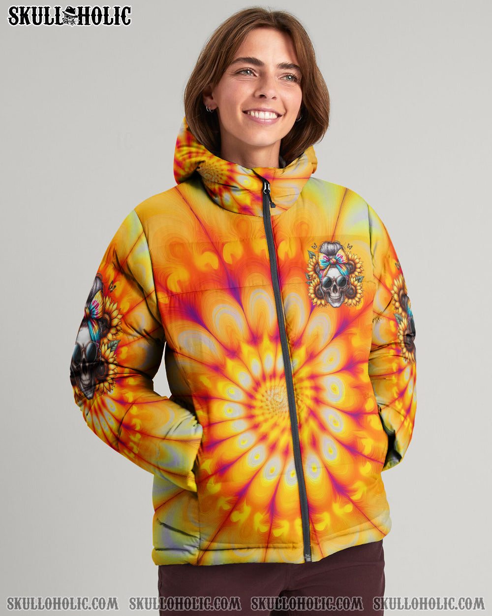 BLISSCORNERS SHE IS SUNSHINE SKULL TIE DYE PUFFER JACKET