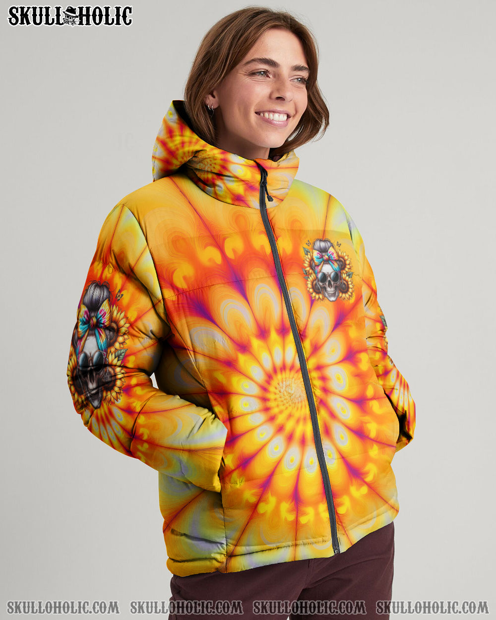 BLISSCORNERS SHE IS SUNSHINE SKULL TIE DYE PUFFER JACKET