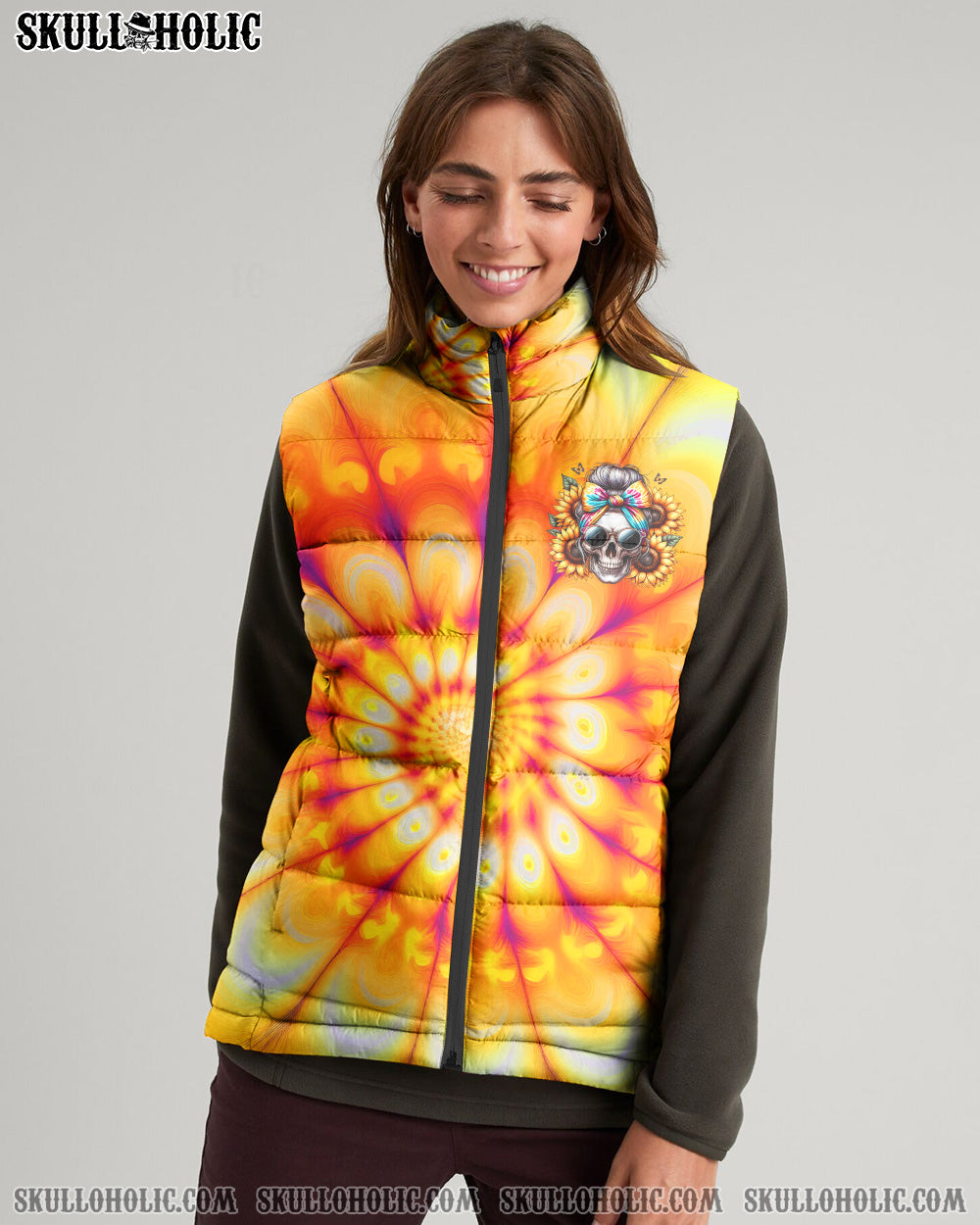 BLISSCORNERS SHE IS SUNSHINE SKULL TIE DYE PUFFER JACKET