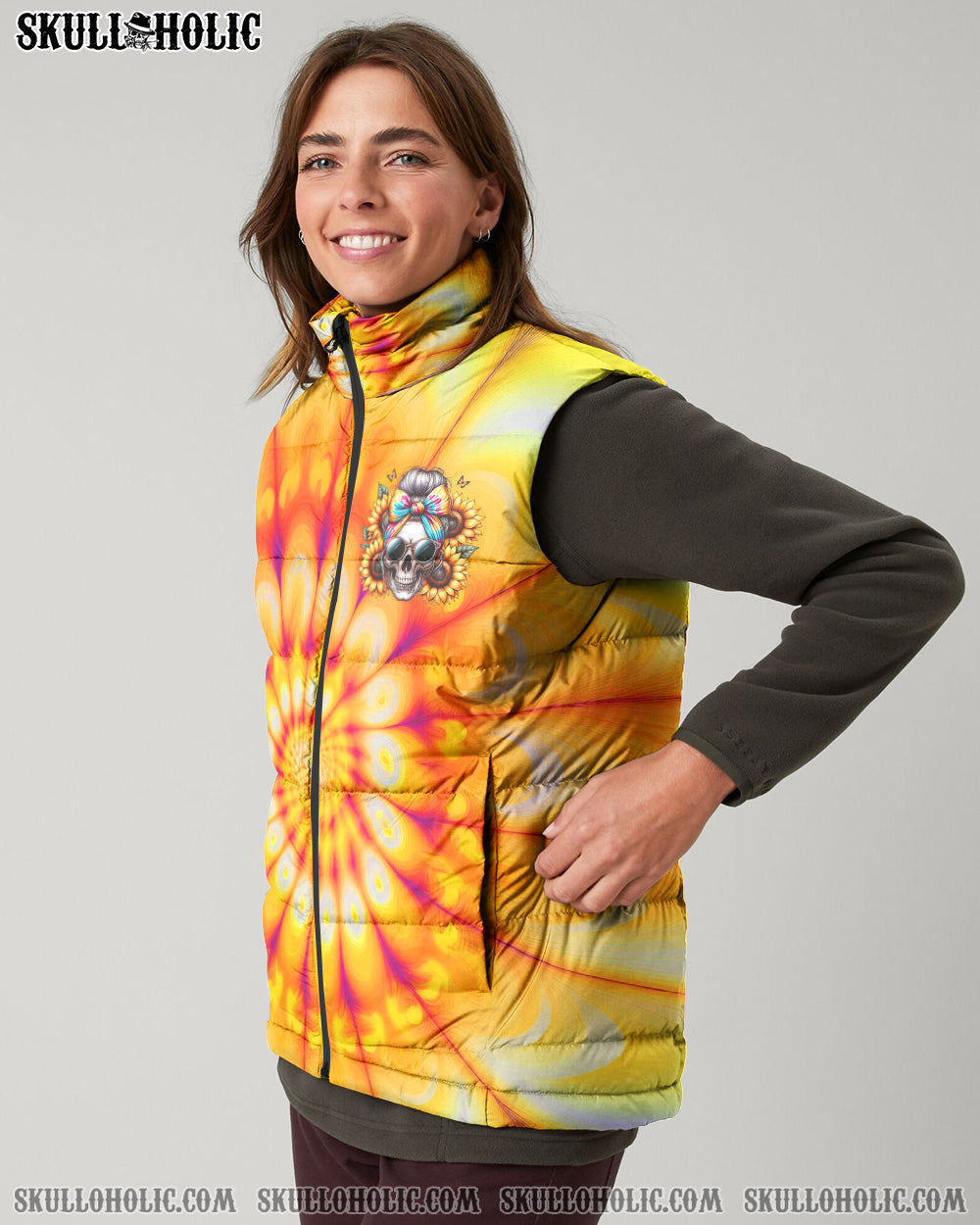 BLISSCORNERS SHE IS SUNSHINE SKULL TIE DYE PUFFER JACKET