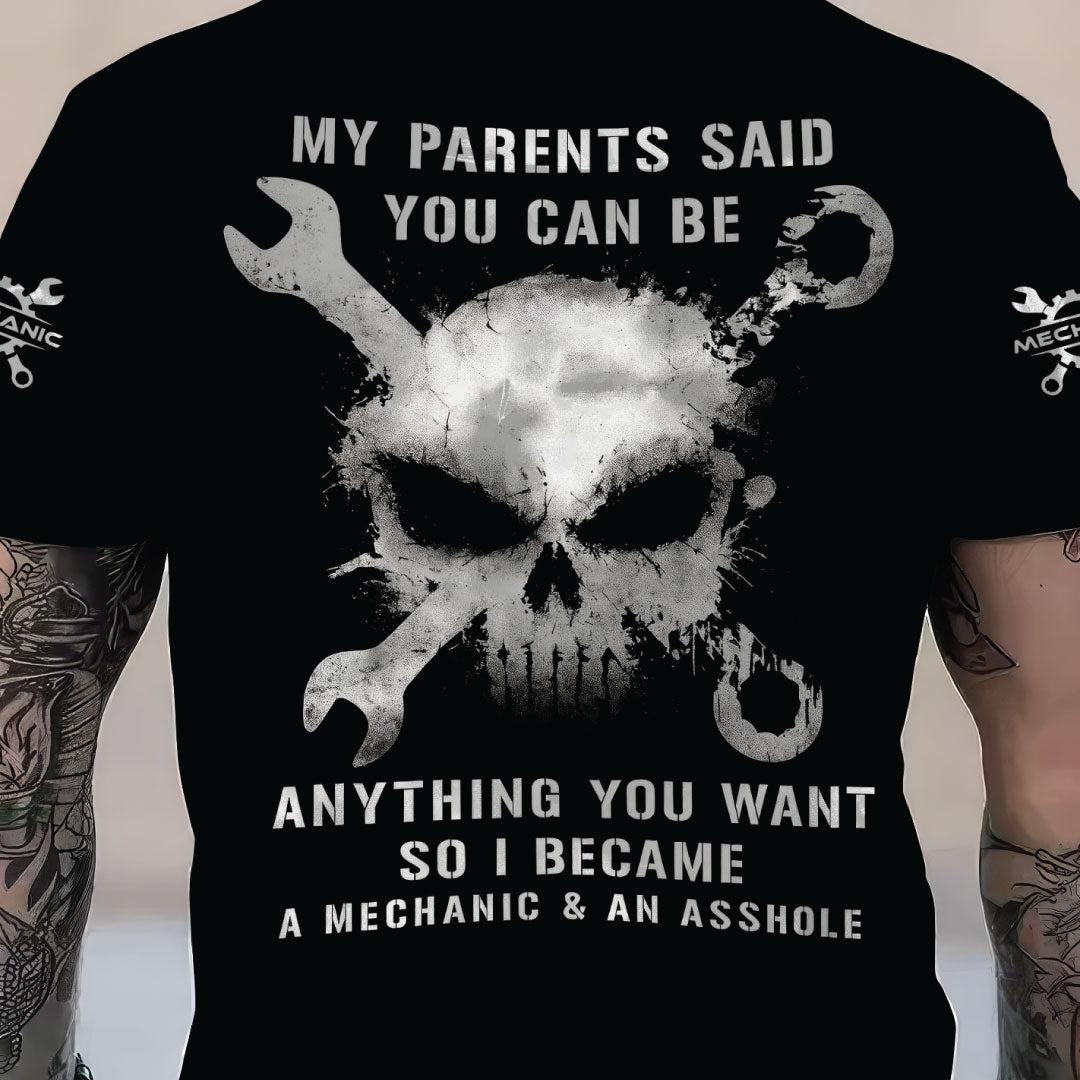 Blisscorners Custom Name Mechanic Shirt, Funny My Parents Said You Can Be Anything So I Became A Mechanic And An Asshole Shirt, Gift Car Repair Worker