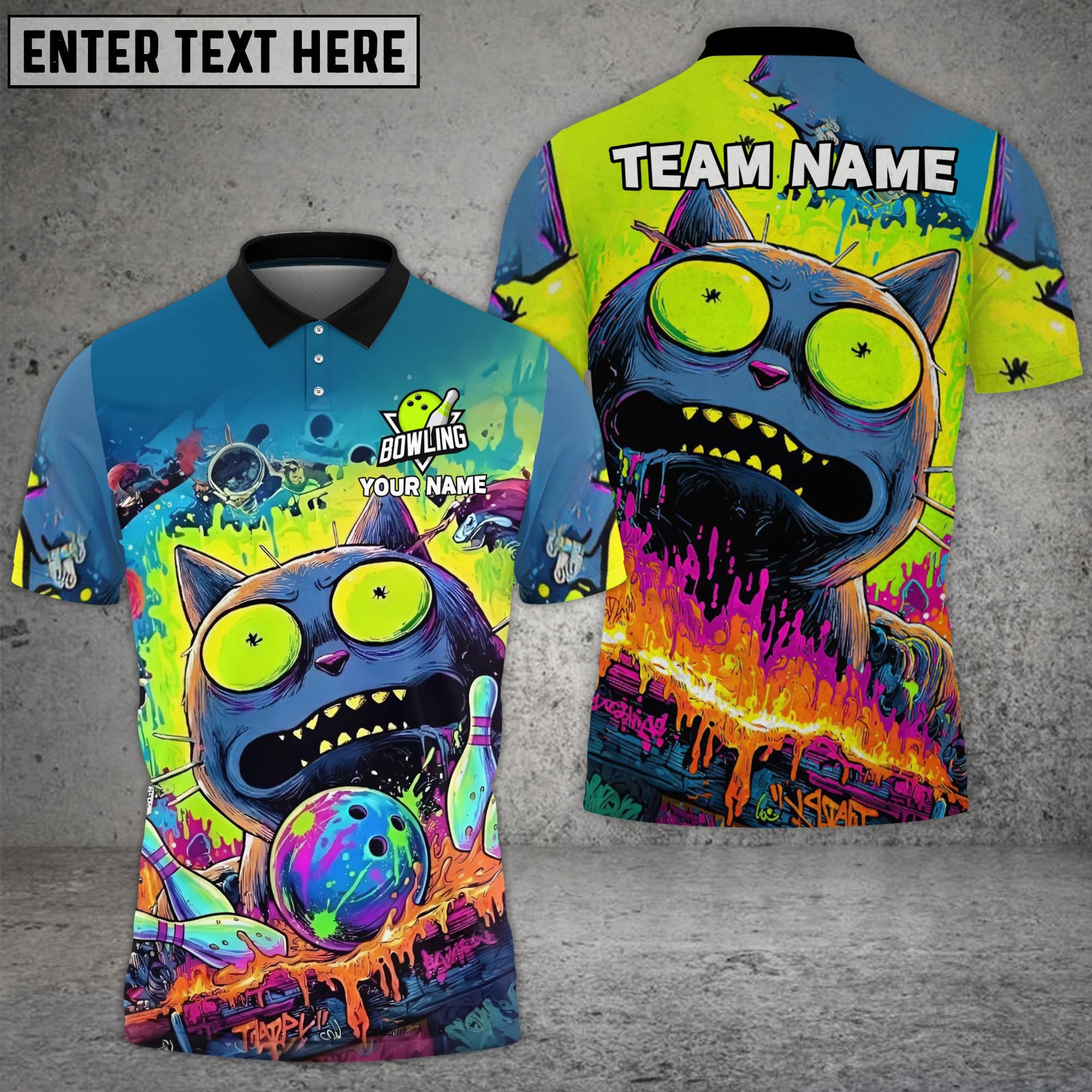 Blisscorners Bowling Cat Graffiti Neon Splash Personalized Name, Team Name 3D Shirt