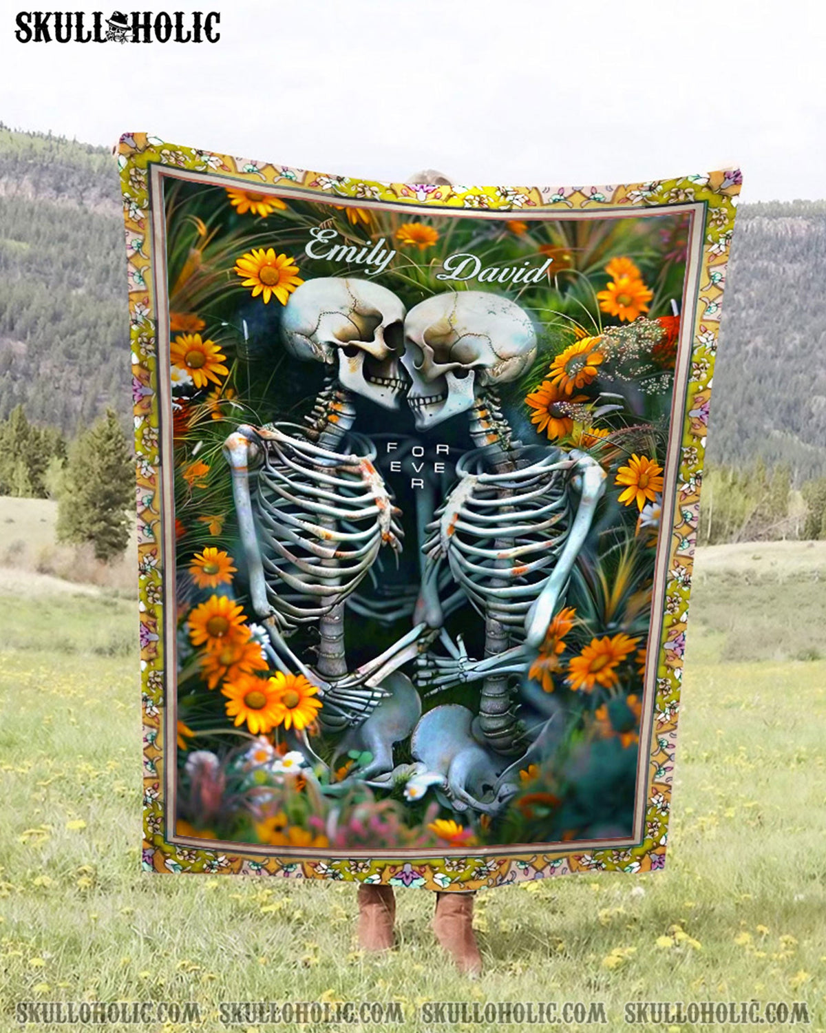 BLISSCORNERS PERSONALIZED SKULL COUPLE FLOWERS FLEECE BLANKET