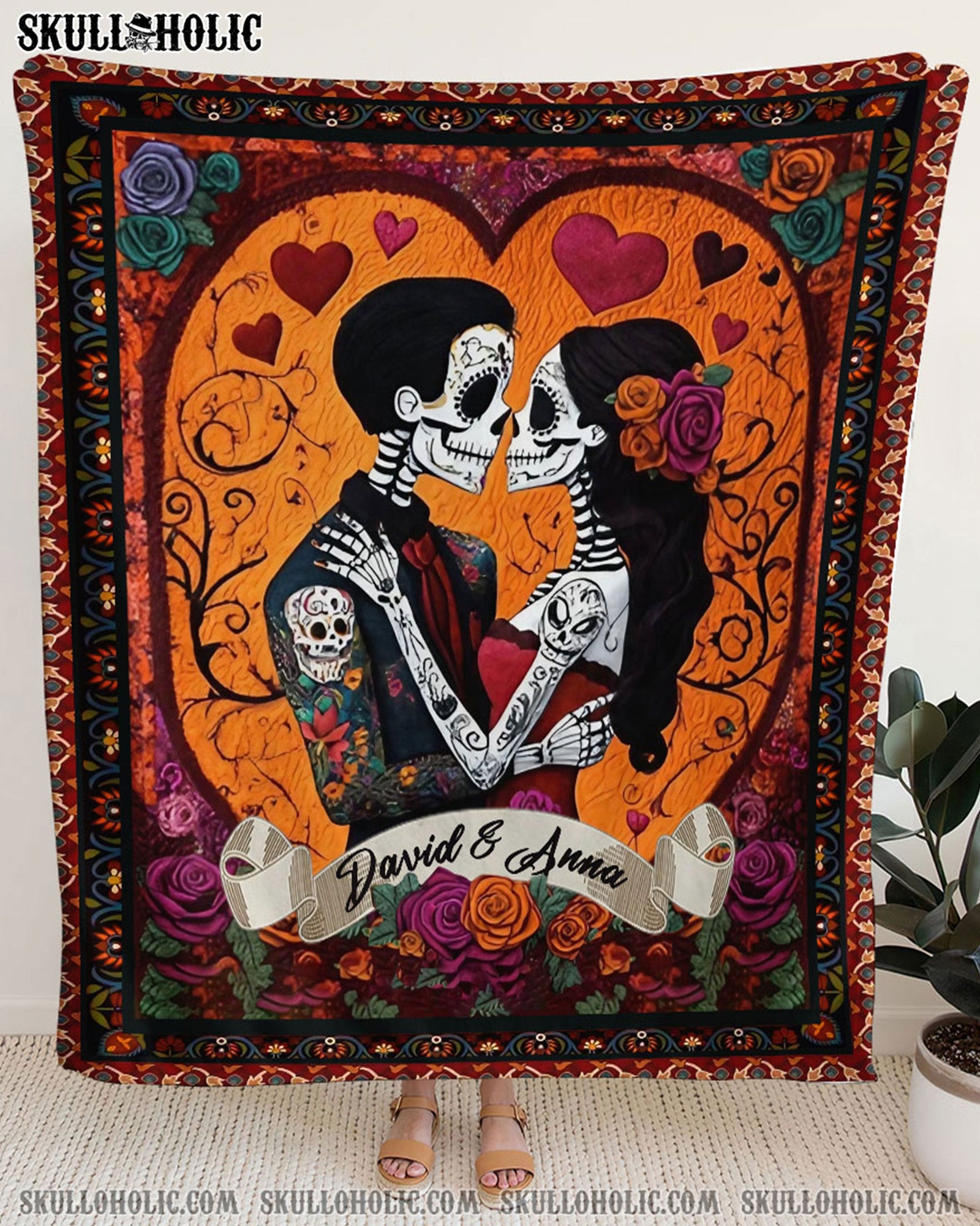 BLISSCORNERS PERSONALIZED SKULL COUPLE FLEECE BLANKET