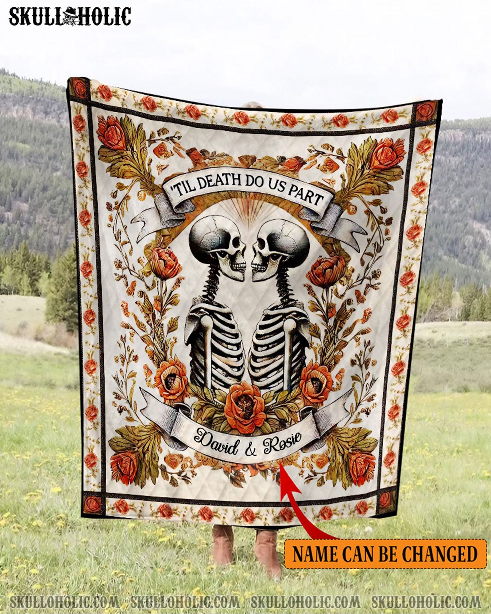 BLISSCORNERS PERSONALIZED TILL DEATH DO US PART SKULL COUPLE FLEECE BLANKET