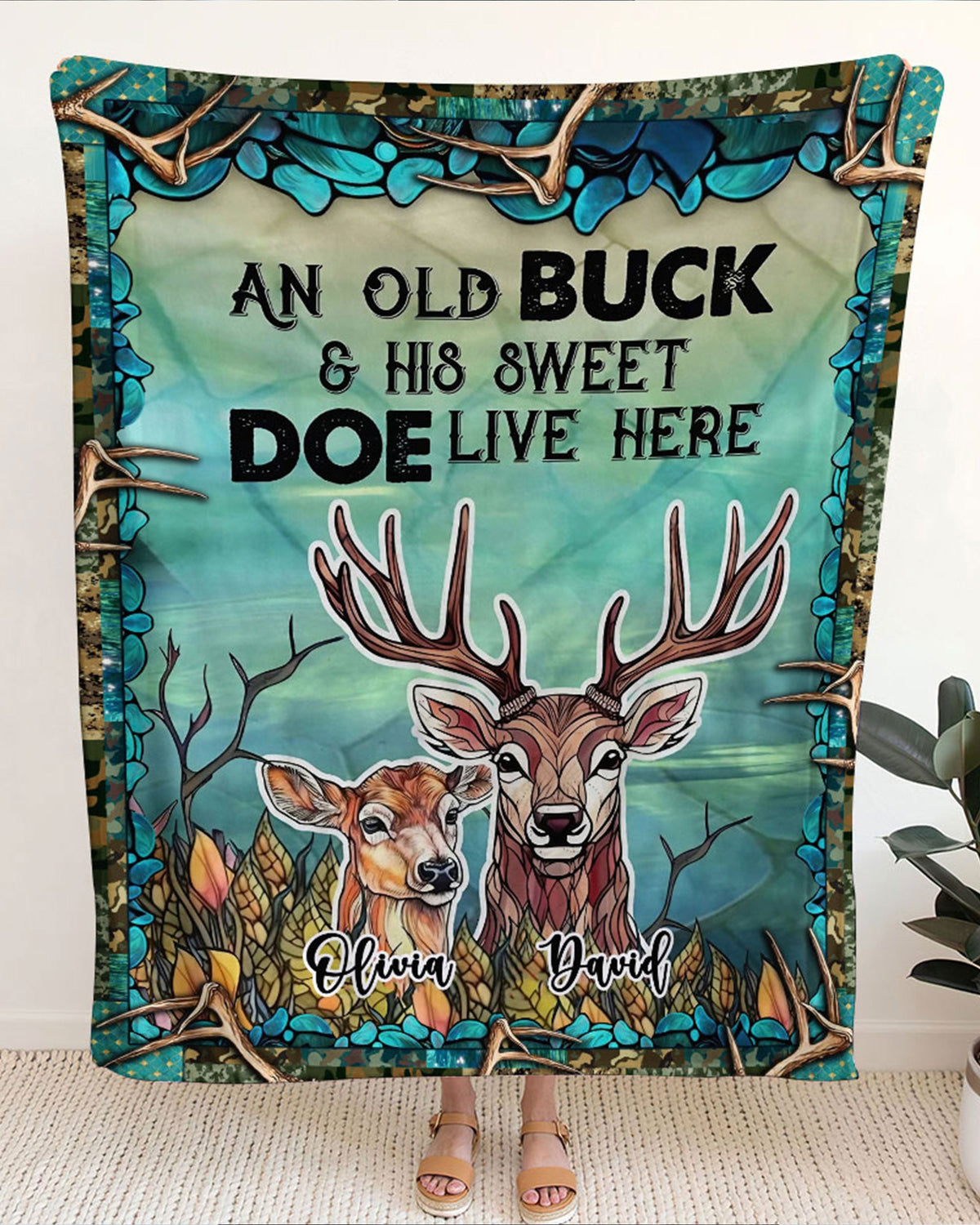 BLISSCORNERS PERSONALIZED LIVE HERE COUPLE DEER FLEECE BLANKET