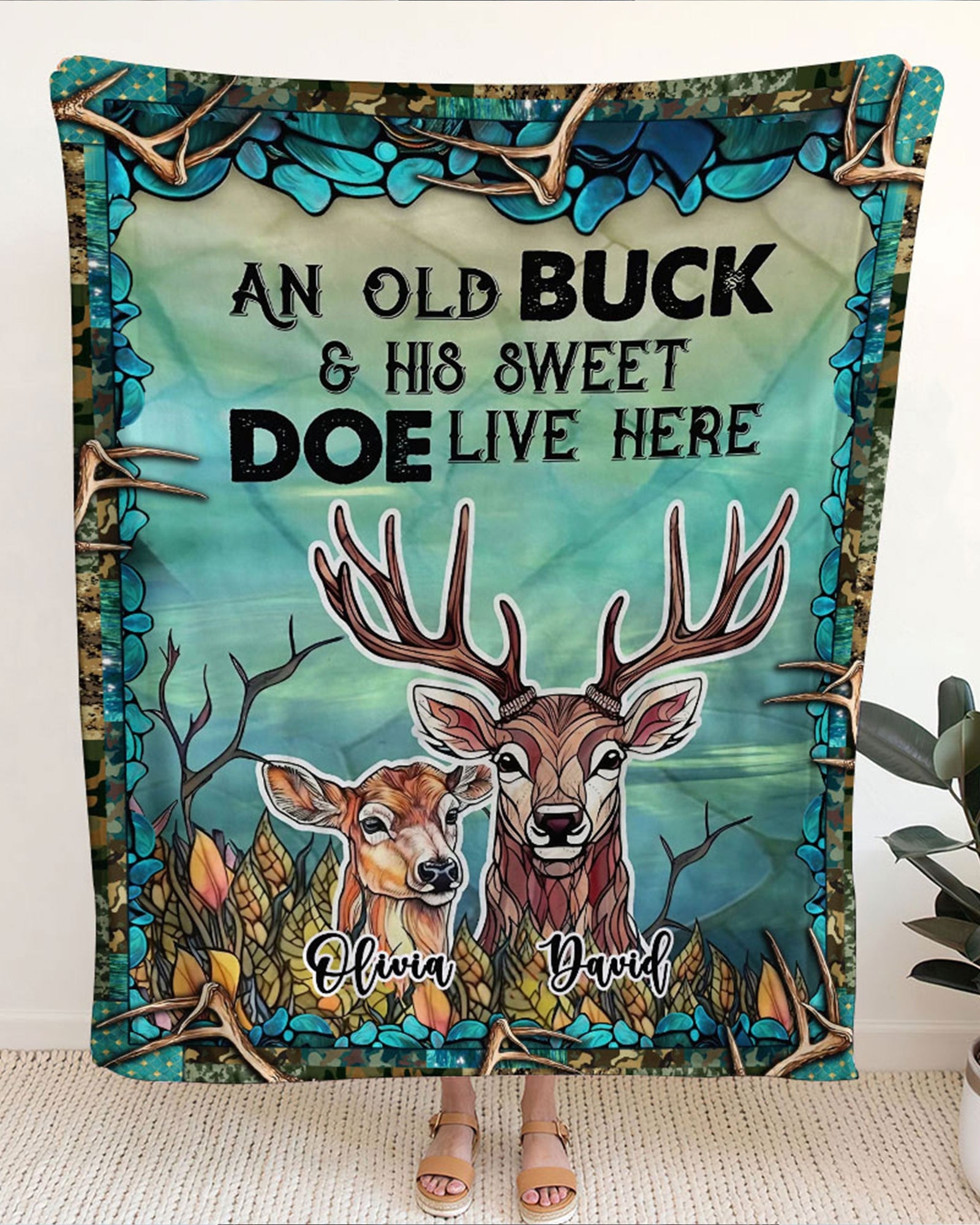 BLISSCORNERS PERSONALIZED LIVE HERE COUPLE DEER FLEECE BLANKET