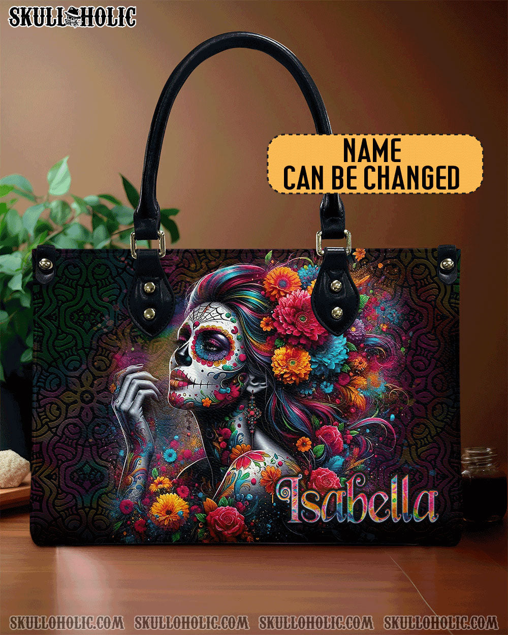 BLISSCORNERS SUGAR SKULL FLOWER ART LEATHER HANDBAG