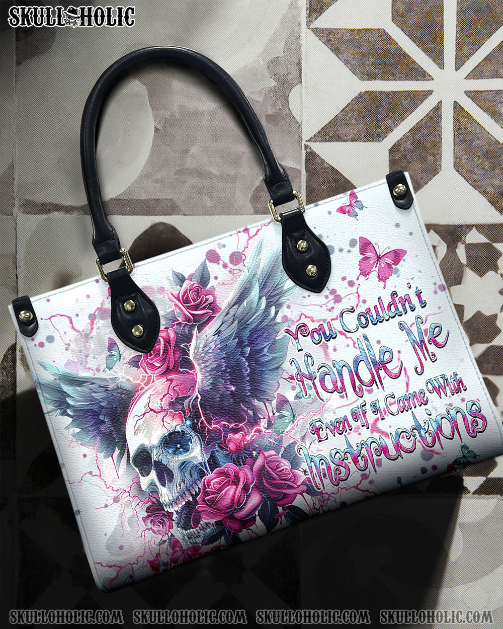 BLISSCORNERS YOU COULDN'T HANDLE ME SKULL WINGS LEATHER HANDBAG