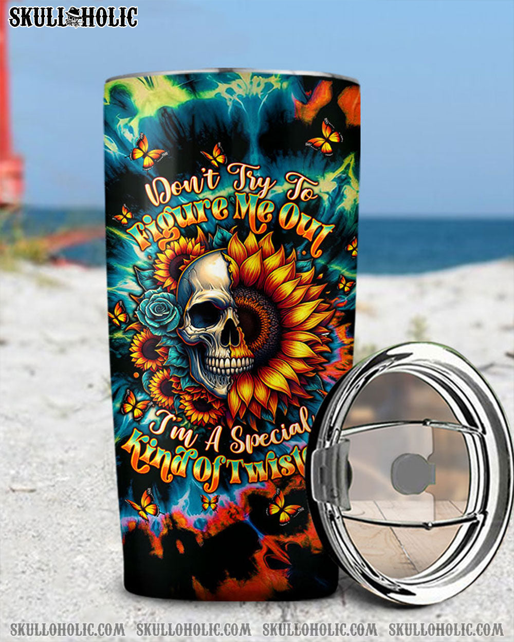 BLISSCORNERS DON'T TRY TO FIGURE ME OUT SKULL SUNFLOWER TUMBLER