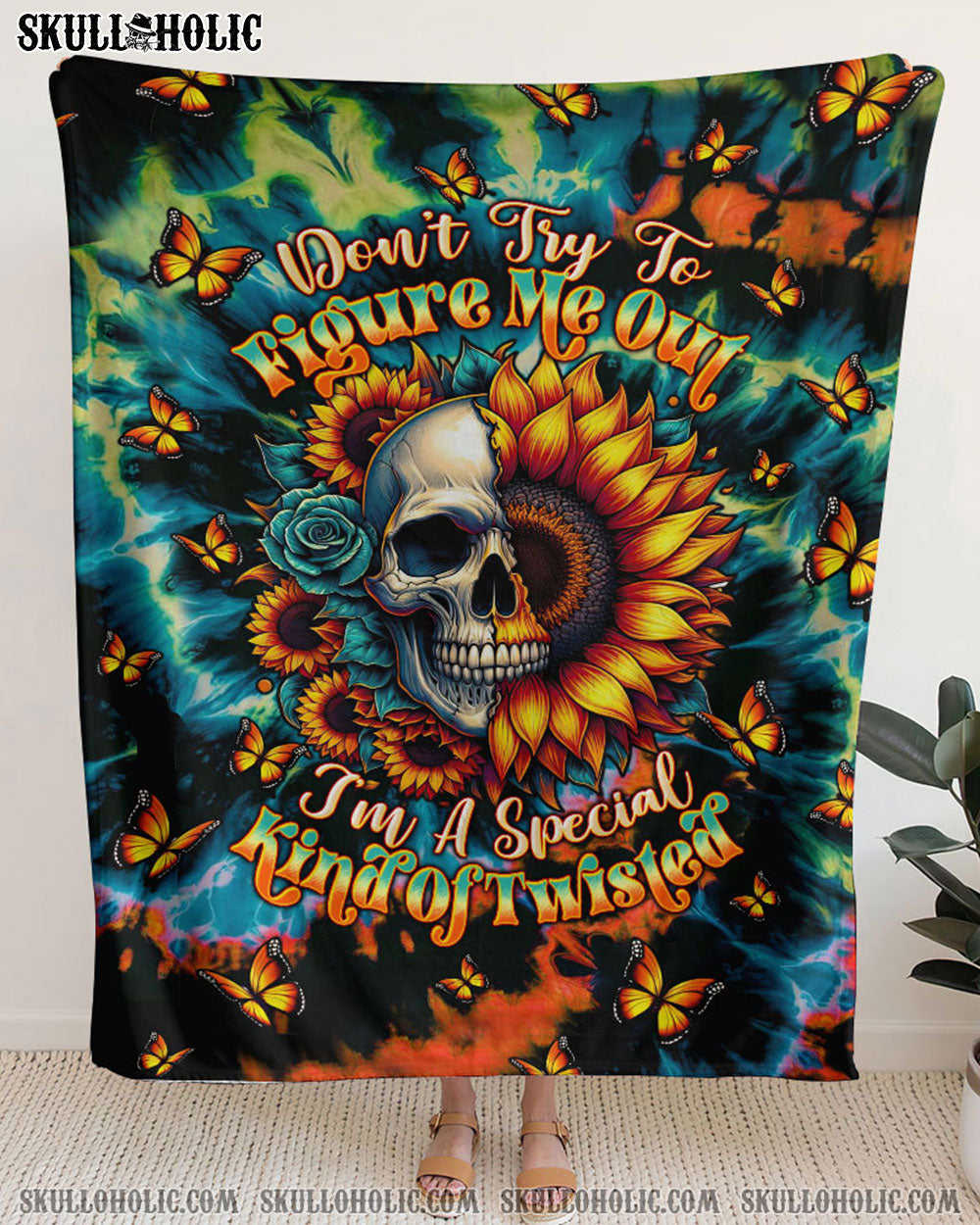 BLISSCORNERS DON'T TRY TO FIGURE ME OUT SKULL SUNFLOWER WOVEN AND FLEECE BLANKET