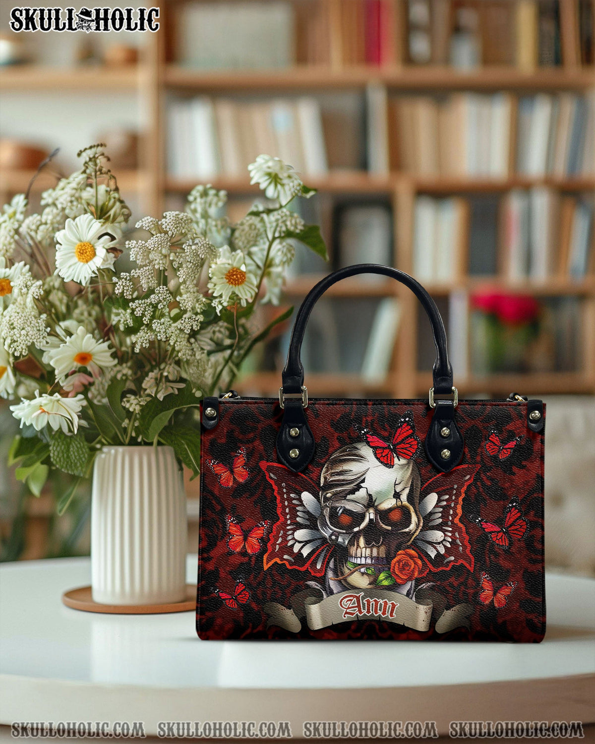 BLISSCORNERS PERSONALIZED SKULL ROSE BUTTERFLY LEATHER HANDBAG