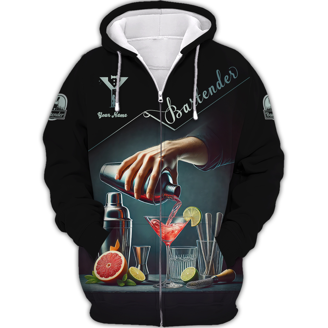 Blisscorners Custom Name Bartender 3D Shirt, Bartender Uniform Gift