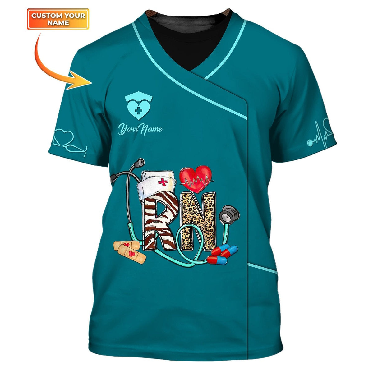 Blisscorners 3D All Over Print RN Uniform Medical Scrubs Clothing Custom RN Tshirt