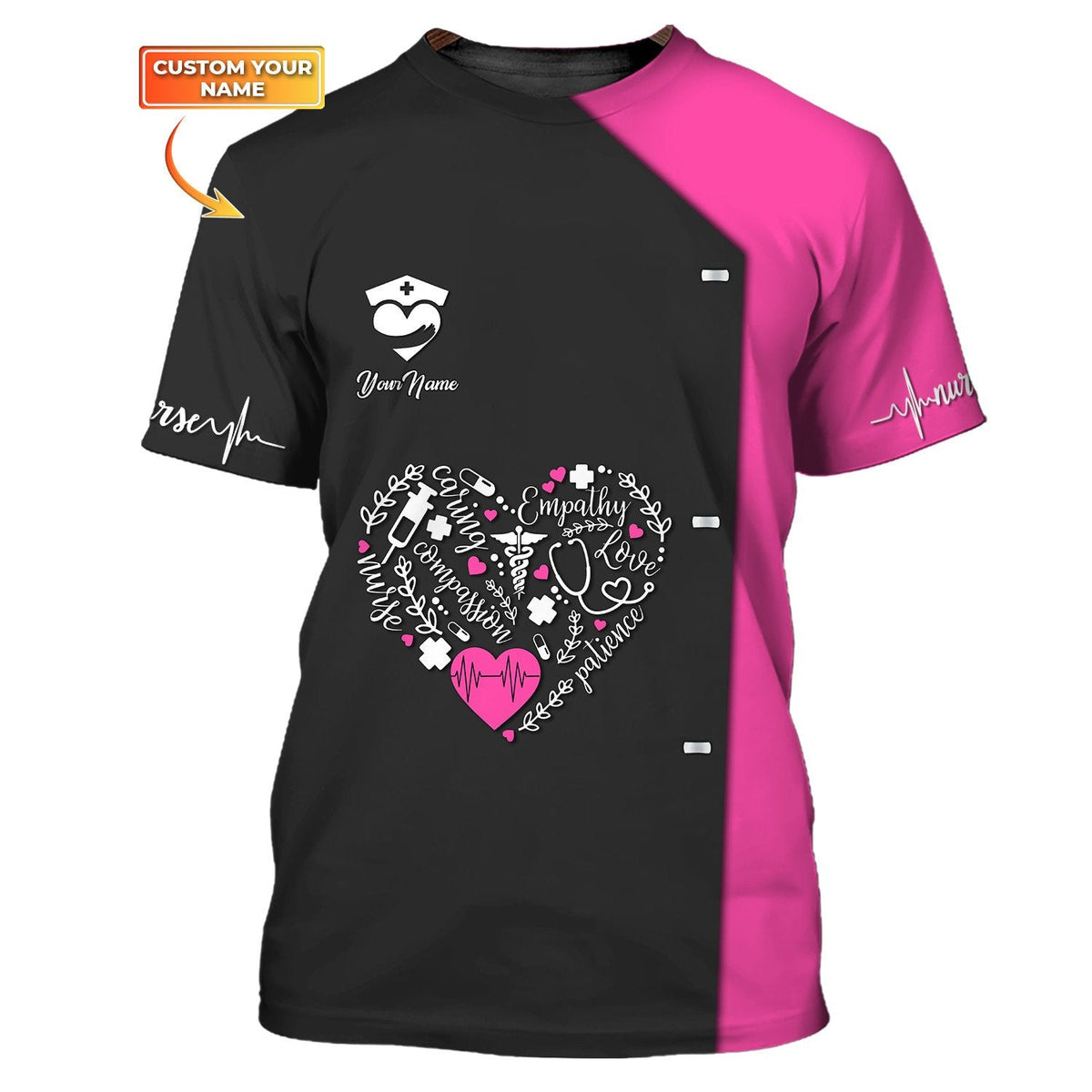 Blisscorners Nurse Heart 3D All Over Print Shirt Custom Medical Tee Shirt Black Pink, Nurse Uniform Shirt