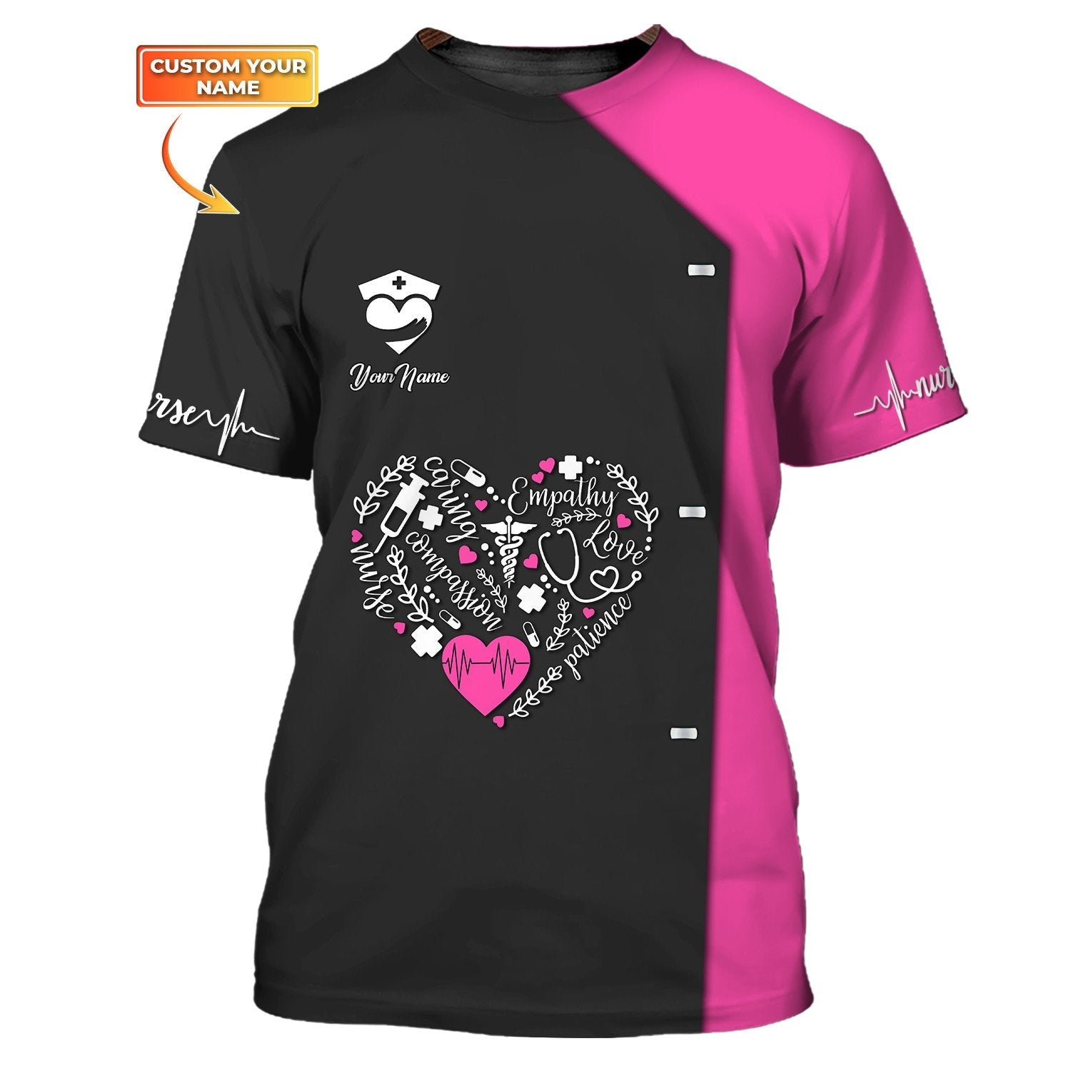 Blisscorners Nurse Heart 3D All Over Print Shirt Custom Medical Tee Shirt Black Pink, Nurse Uniform Shirt