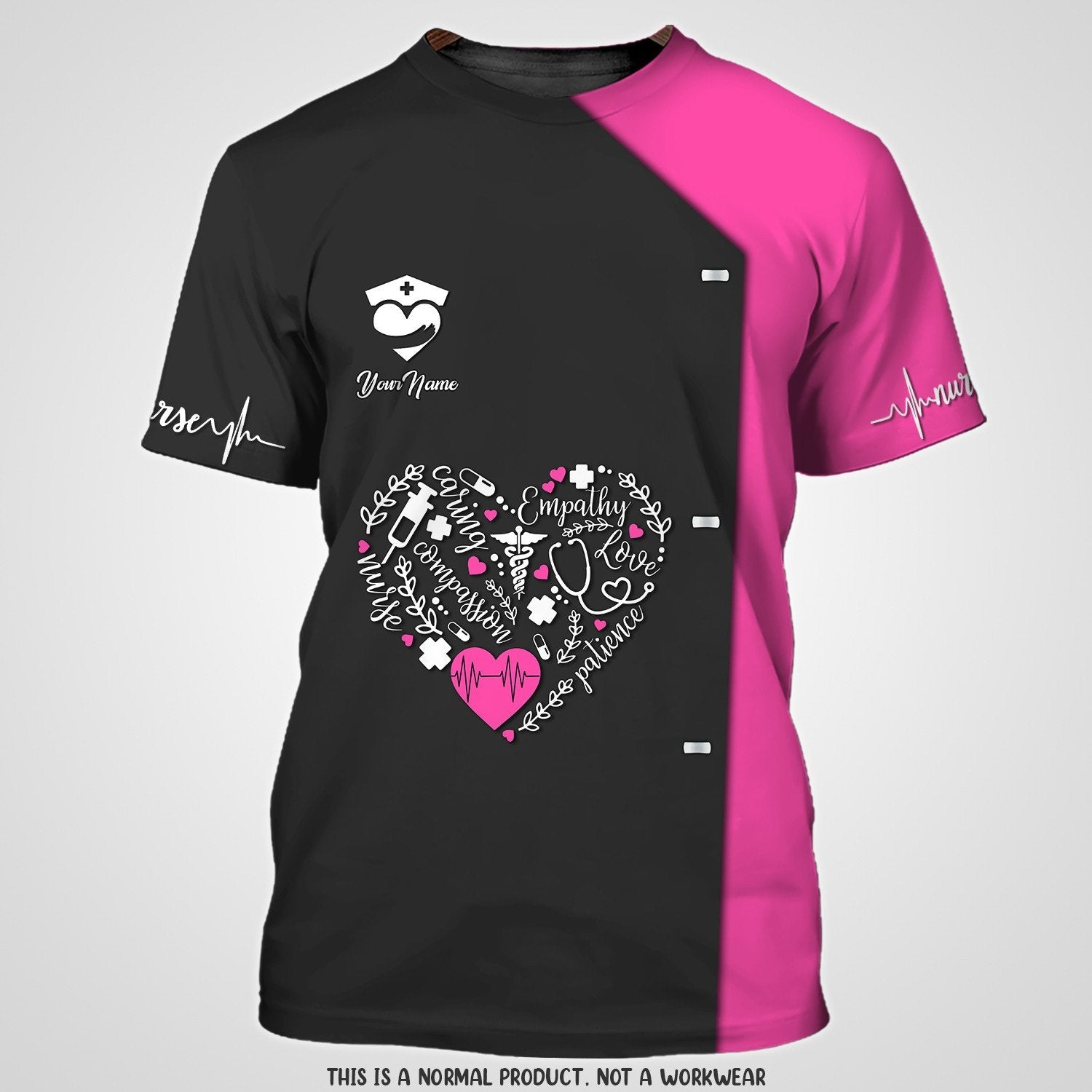 Blisscorners Nurse Heart 3D All Over Print Shirt Custom Medical Tee Shirt Black Pink, Nurse Uniform Shirt