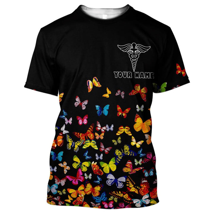 Blisscorners Personalized Butterfly Color Nurse T Shirt, Best Nurse Apparel For Nurse Lovers
