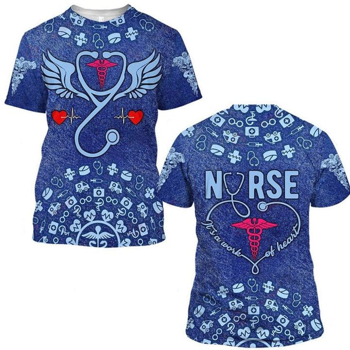 Blisscorners Personalized Nurse It's A Work of Heart TShirt, Earning Wing With Heart Beat Pattern, Perfect Nurse Apparel Gift Ideas