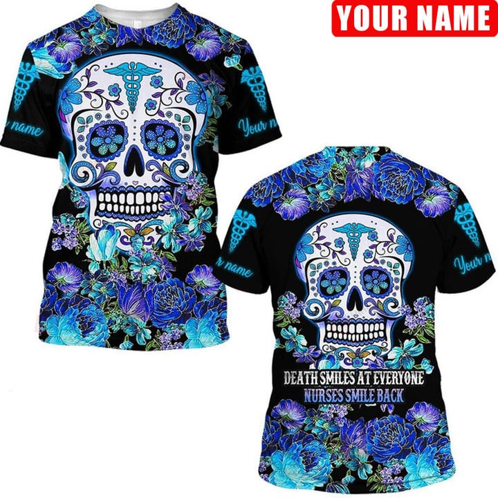 Blisscorners 3D All Over Print Skull Nurse Smile Back Shirt, Best Idea Gift for Nurse, Skull Flower Nurse Shirt