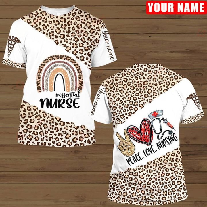 Blisscorners Personalized Peace Love Nursing Leopard Pattern Shirt, Essential Nurse Rain Bow Leopard TShirt