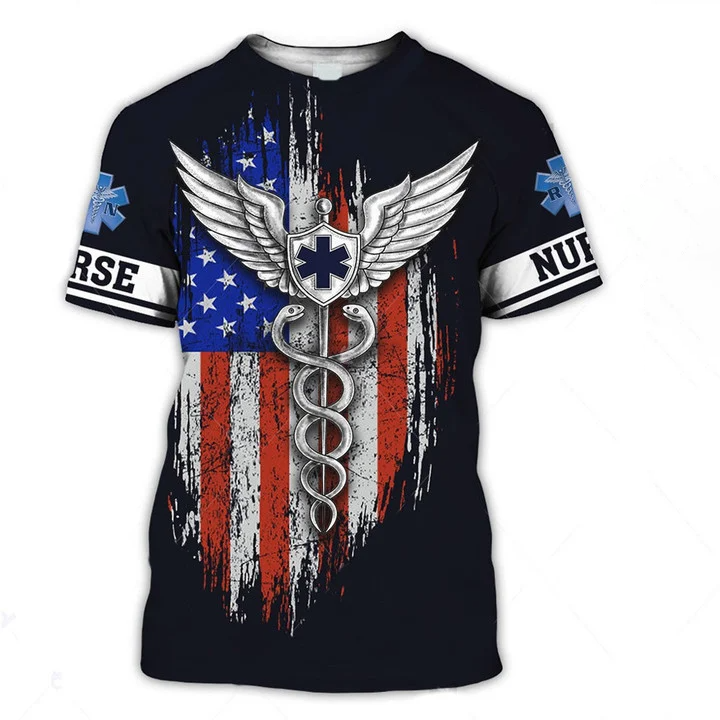 Blisscorners Personalized Flag Caduceus Medical Symbol Nurse Shirt, Flag Shirt, Nurse Uniform