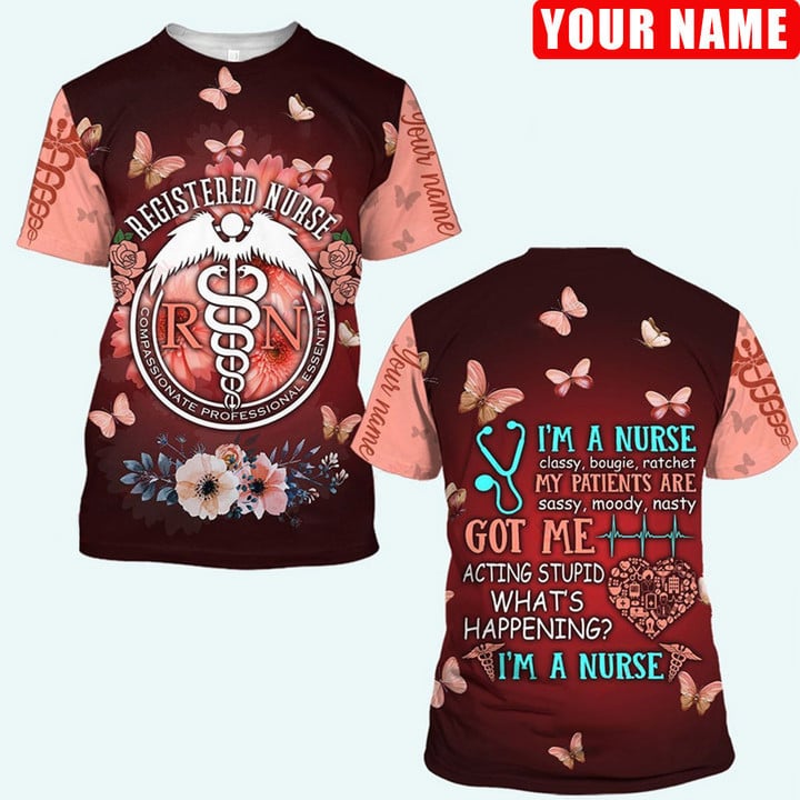 Blisscorners Personalized Registered Nurse Butterfly 3D Shirt, Nurse Apparel Gift Idea For Nurse, Gift for Him