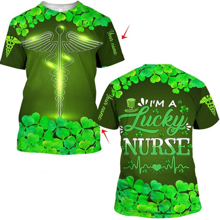 Blisscorners I'm a Lucky Nurse Shamrock Patrick Day Shirt, Custom Name Shamrock Pattern, Amazing Gifts Idea For Nurse