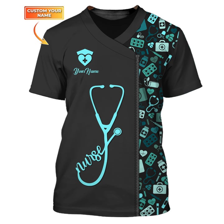 Blisscorners Personalized Blue Nursing Tools Pattern Shirts Medical Scrubs Clothing Custom Nurse Tshirt