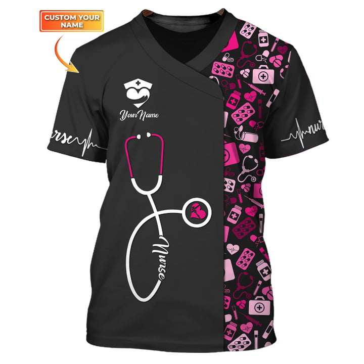 Blisscorners Nursing Tools Pattern Shirts Medical Scrubs Clothing Custom Nurse Tshirt Black Pink