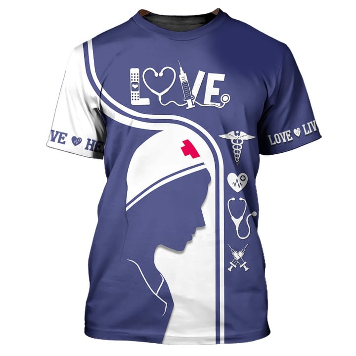 Blisscorners Love Live Health 3D Printed Nurse Shirt, Heal Nurse Blue Nurse T-Shirt Women