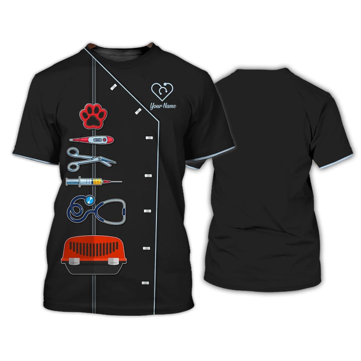 Blisscorners Black Pet Veterinarian Tool Uniform Personalized Name Veterinary 3D Tshirt