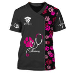 Blisscorners Black Pink Animal Veterinarian Uniform Personalized Name Paw Pattern 3D Tshirt