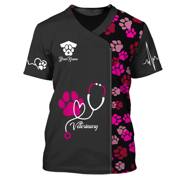Blisscorners Black Pink Animal Veterinarian Uniform Personalized Name Paw Pattern 3D Tshirt