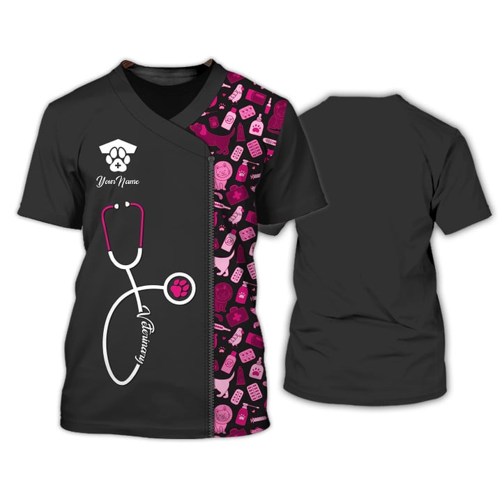 Blisscorners Black Pink Pet Veterinarian Tool Uniform Personalized Name Veterinary 3D Tshirt