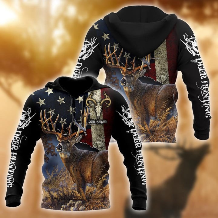 Blisscorners Personalized Name Deer Hunting US Flag Pattern 3D Shirts
