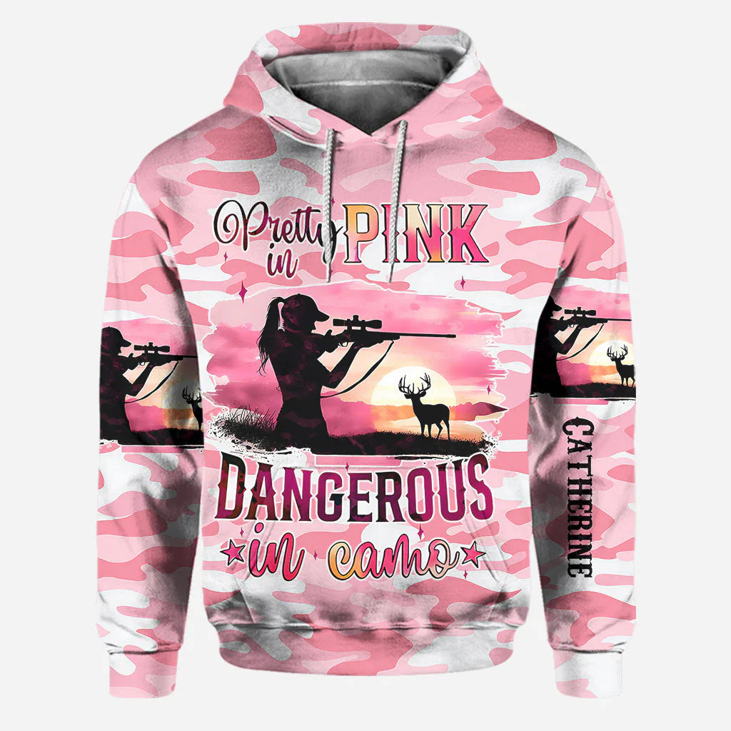 Blisscorners Pink Camo, Personalized Hunting All Over Shirt, Personalized 3D Hoodie For Hunting Lover