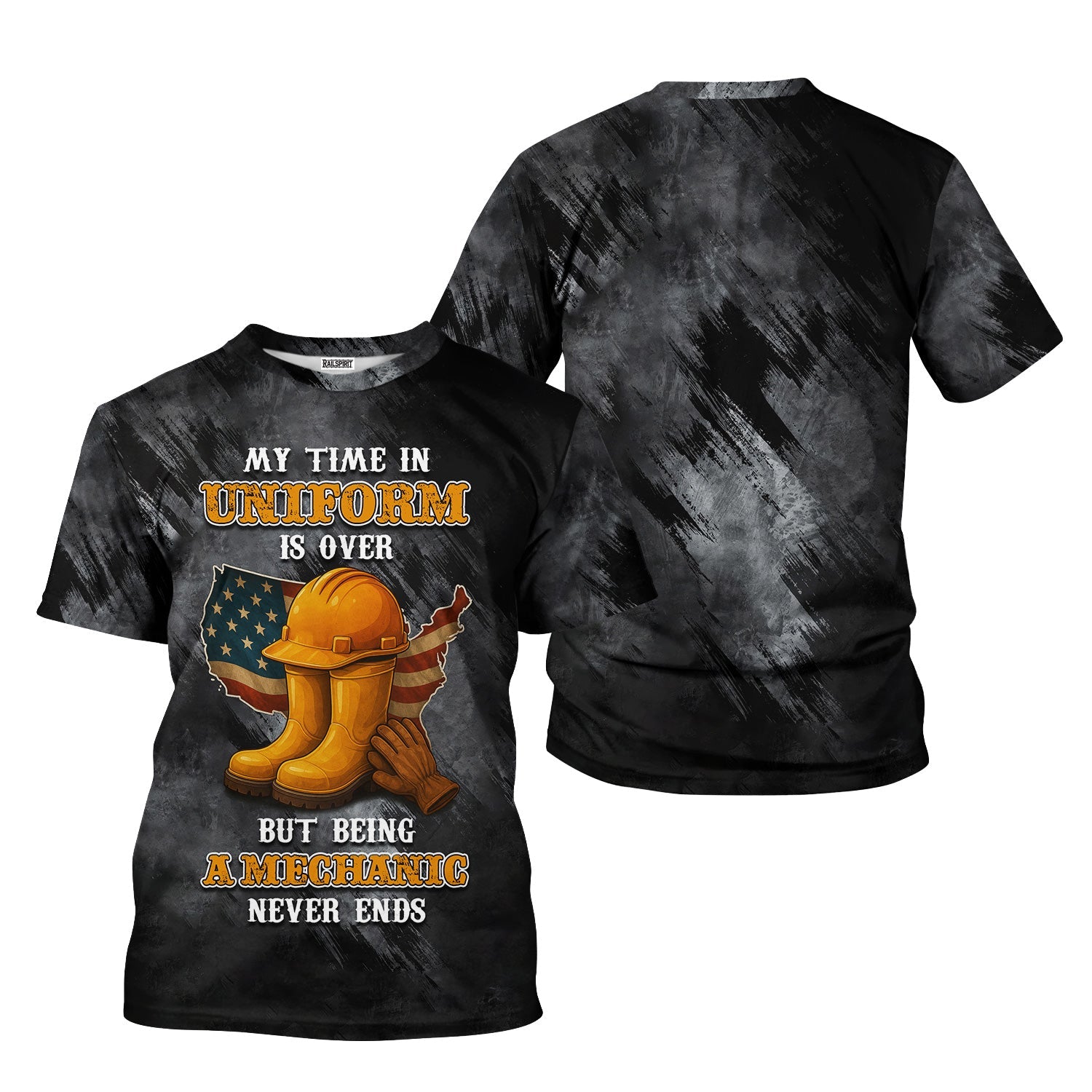 Blisscorners Funny Mechanic T Shirt My Time In Uniform Is Over But Being A Mechanic Never Ends American Flag Auto Repair Garage Workwear Gift For Men Dad