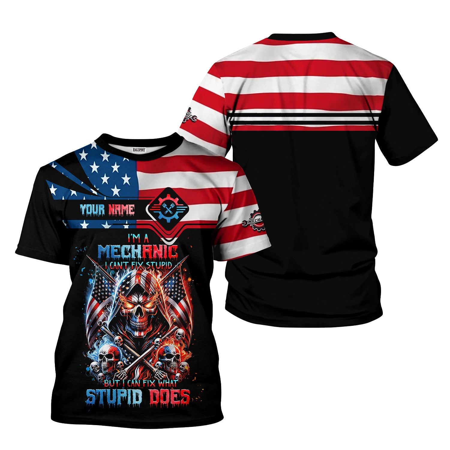 Blisscorners Custom Mechanic Shirt, Fix Stupid Design, Personalized Name, American Flag Skull Graphic, Funny Mechanic T-shirt for Men & Women