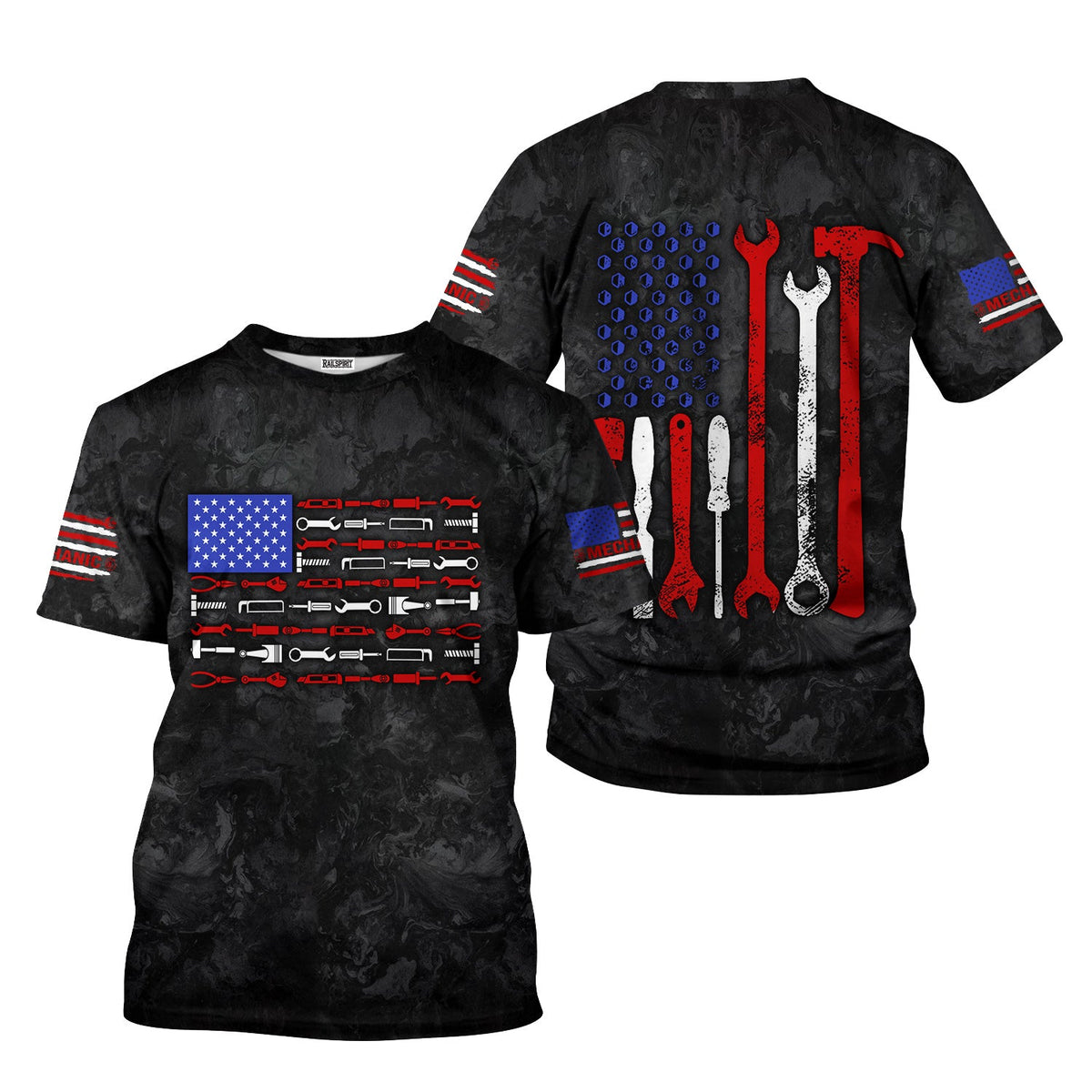 Blisscorners American Flag Tool Shirt, Vintage Mechanic Tools T-shirt for Men, Patriotic USA T-shirt with Wrench & Hammer, Perfect Gift for Tradesmen & DIY Enthusiasts