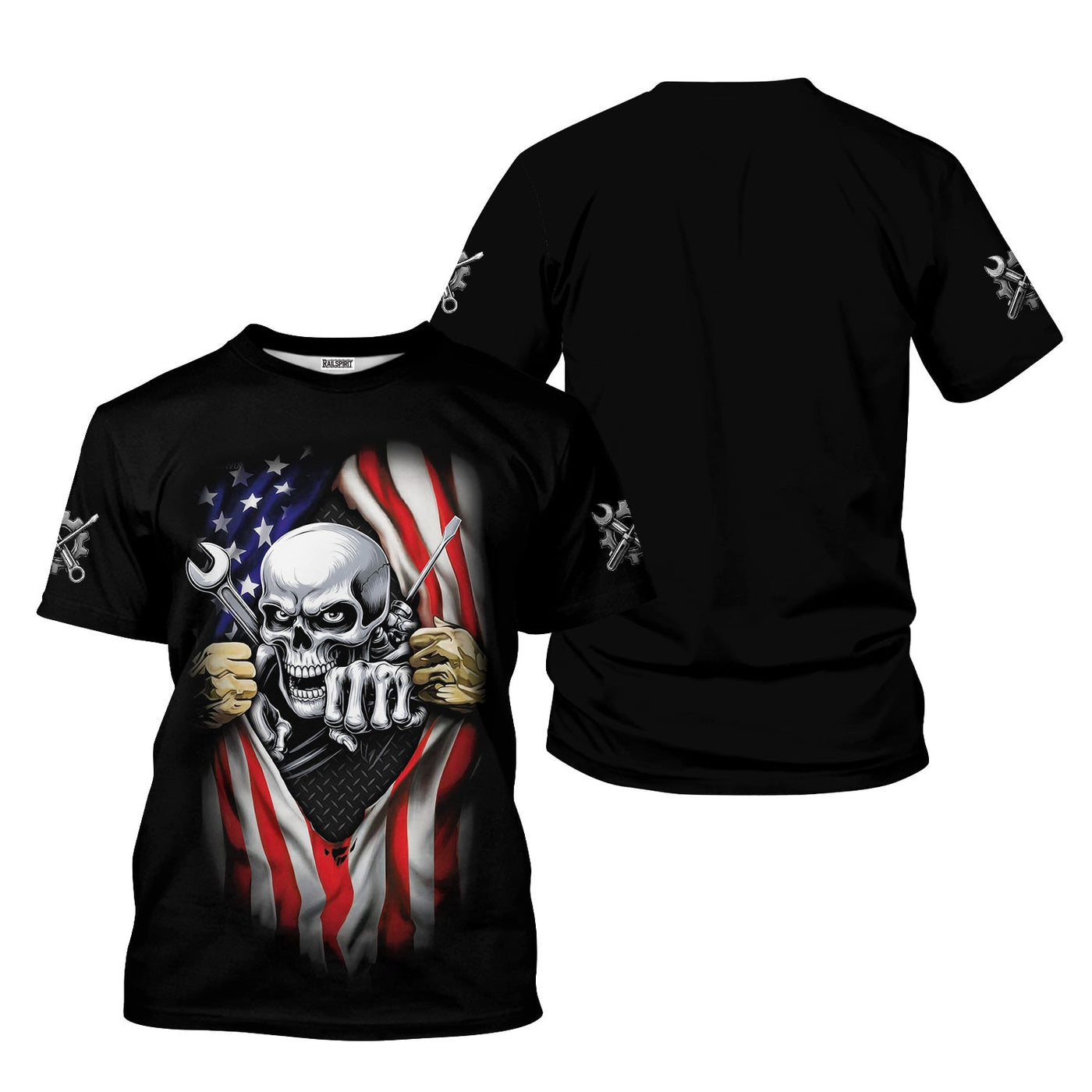 Blisscorners Skull Wrench T-Shirt, American Flag Design, Mechanic, Worker Gift, Unique Skull Graphic Tee for Men, Customizable Apparel, Cool Work Shirt