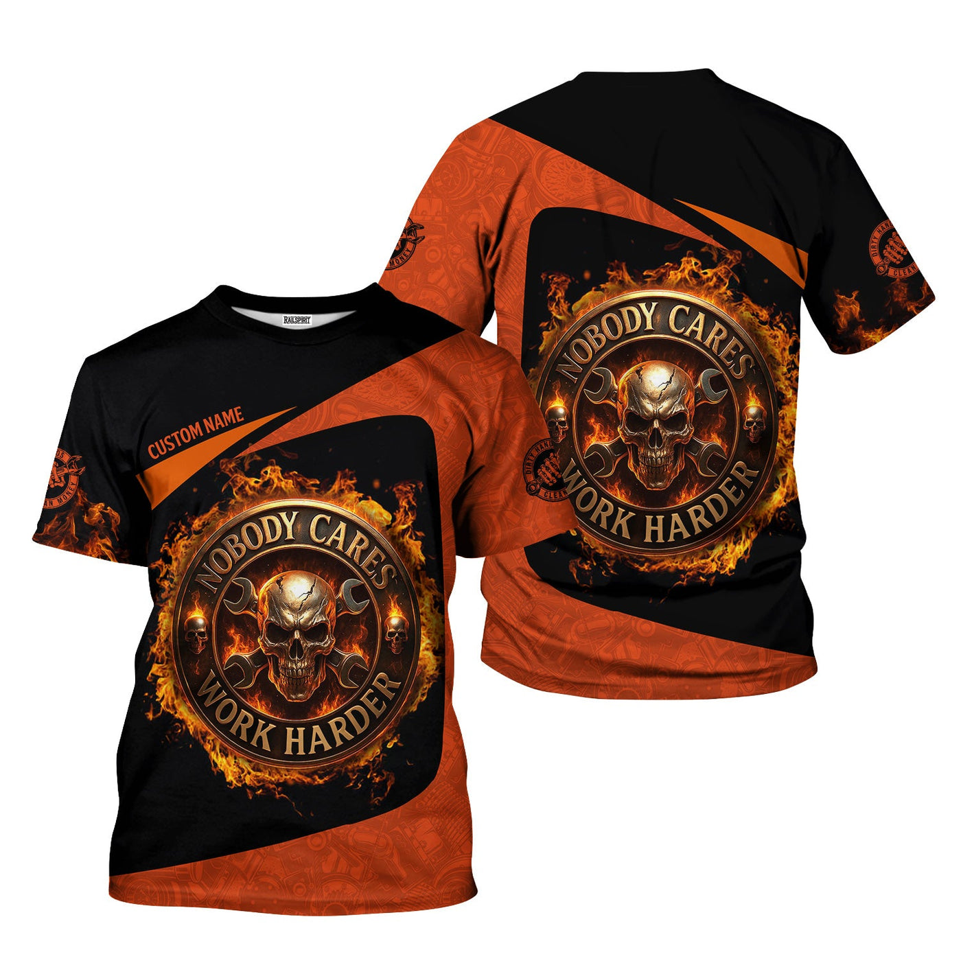 Blisscorners Personalized Mechanic Shirt, Nobody Cares Work Harder, Flame Skull Design, Gift For Men