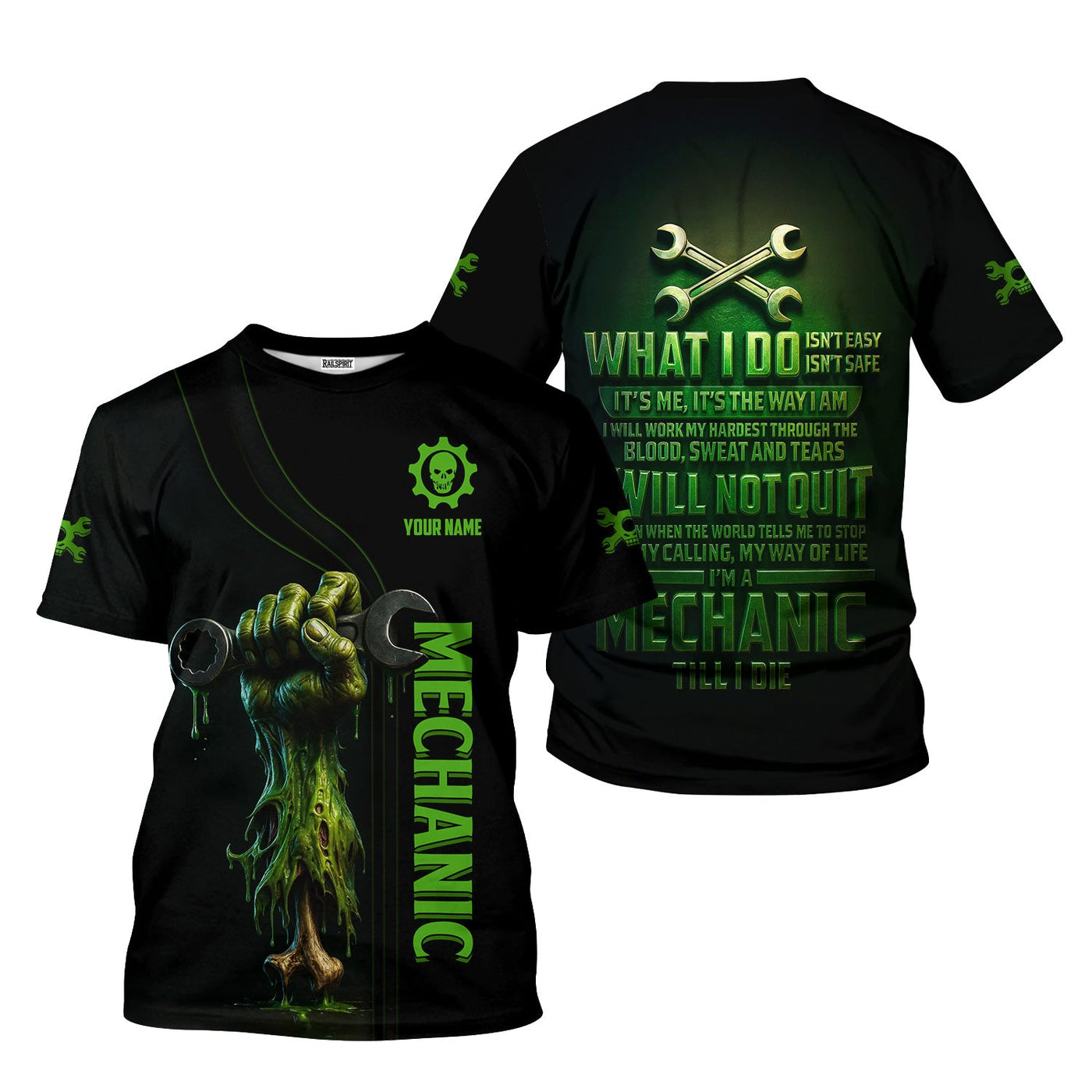 Blisscorners Personalized Mechanic Shirt, I Will Not Quit I'm A Mechanic Till I Die, Zombie and Wrenches Design, Gift For Men
