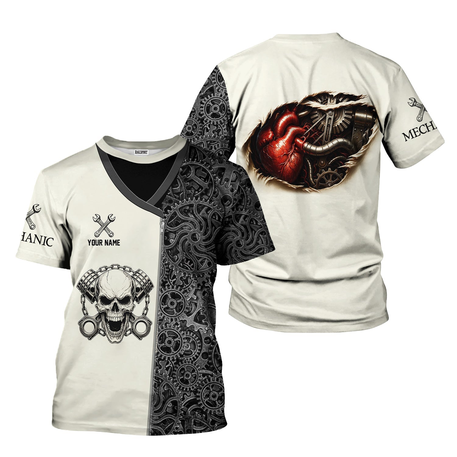 Blisscorners Custom Name Mechanic Shirt Skull with Engine Piston Design Gear Pattern T Shirt All Over Printed