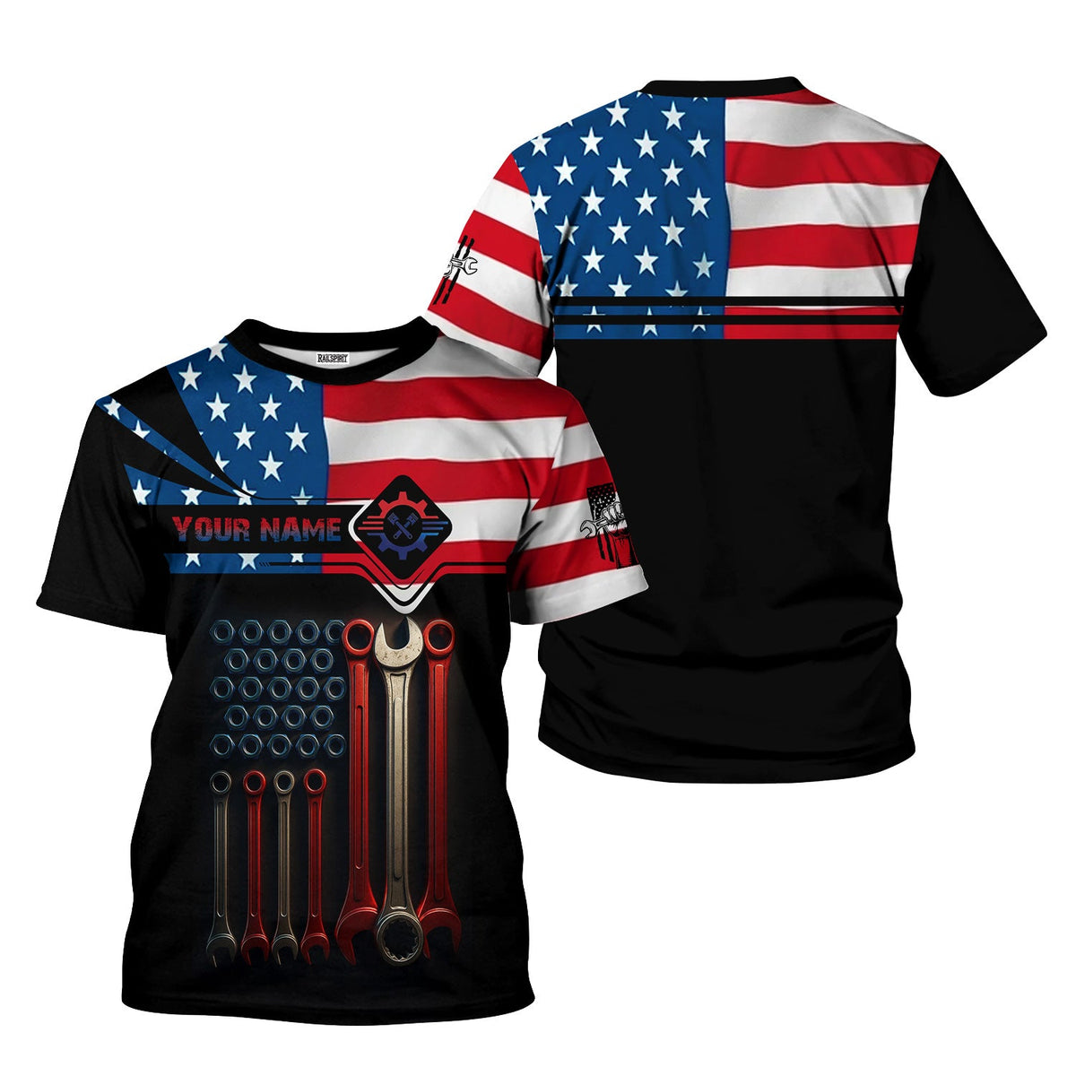 Blisscorners Custom Name Mechanic Shirt Wrenches with American Flag Design T Shirt