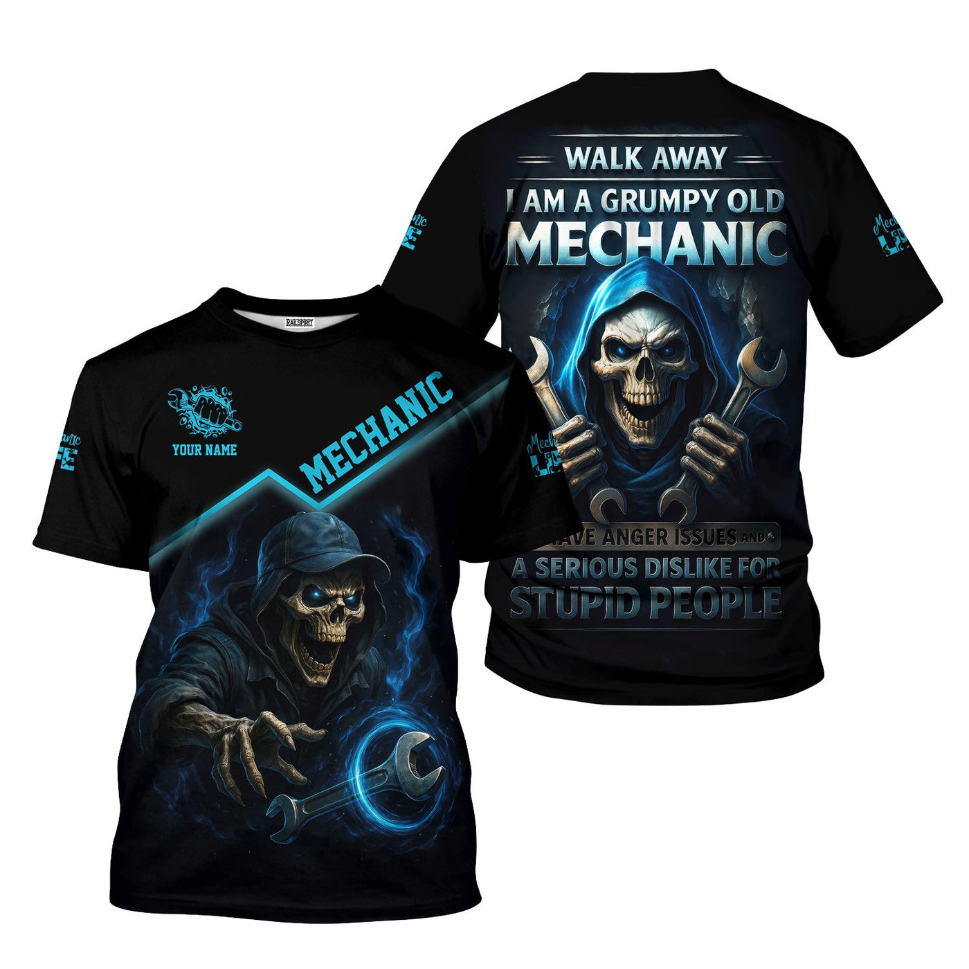 Blisscorners Personalized T-Shirt I Am A Grumpy Old Mechanic Blue Flame Grim Reaper Design Shirt For Mechanics