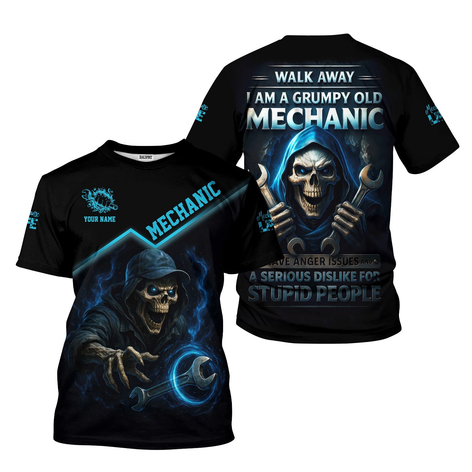 Blisscorners Personalized T-Shirt I Am A Grumpy Old Mechanic Blue Flame Grim Reaper Design Shirt For Mechanics