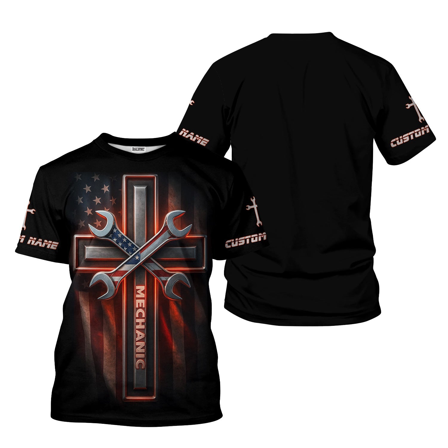 Blisscorners Custom Name Mechanic Shirt Wrench The Cross with USA Flag Design T Shirt